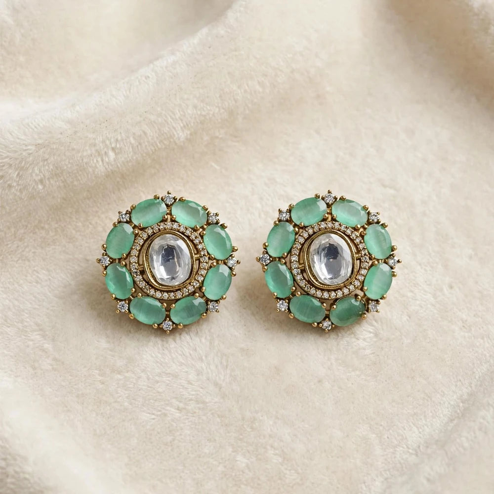 Emerald Green Kundan Floral Stud Earrings