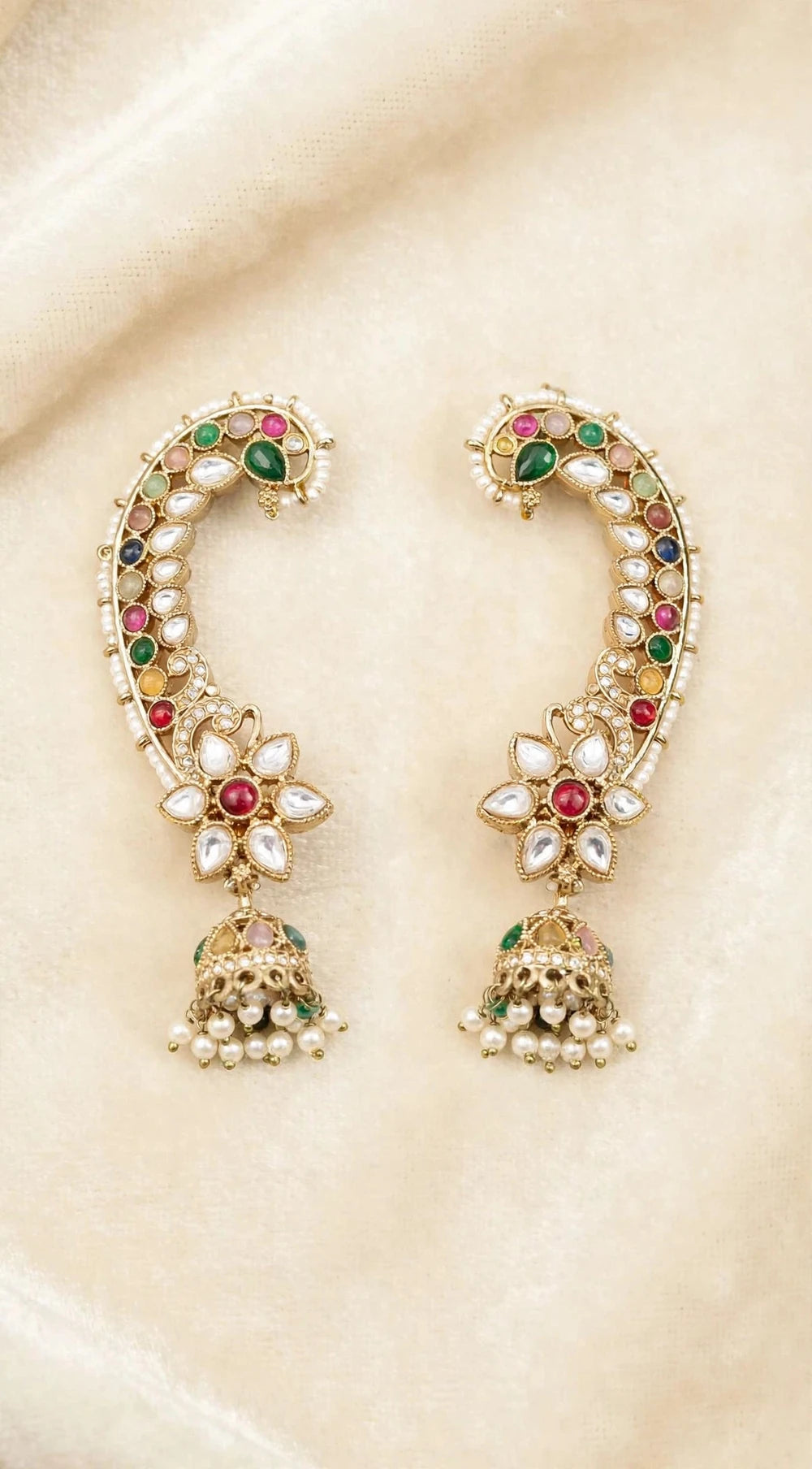 Royal Peacock Kundan Jhumka Ear Cuff Earrings