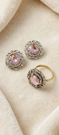 Blush Pink Crystal halo stud earring & matching ring