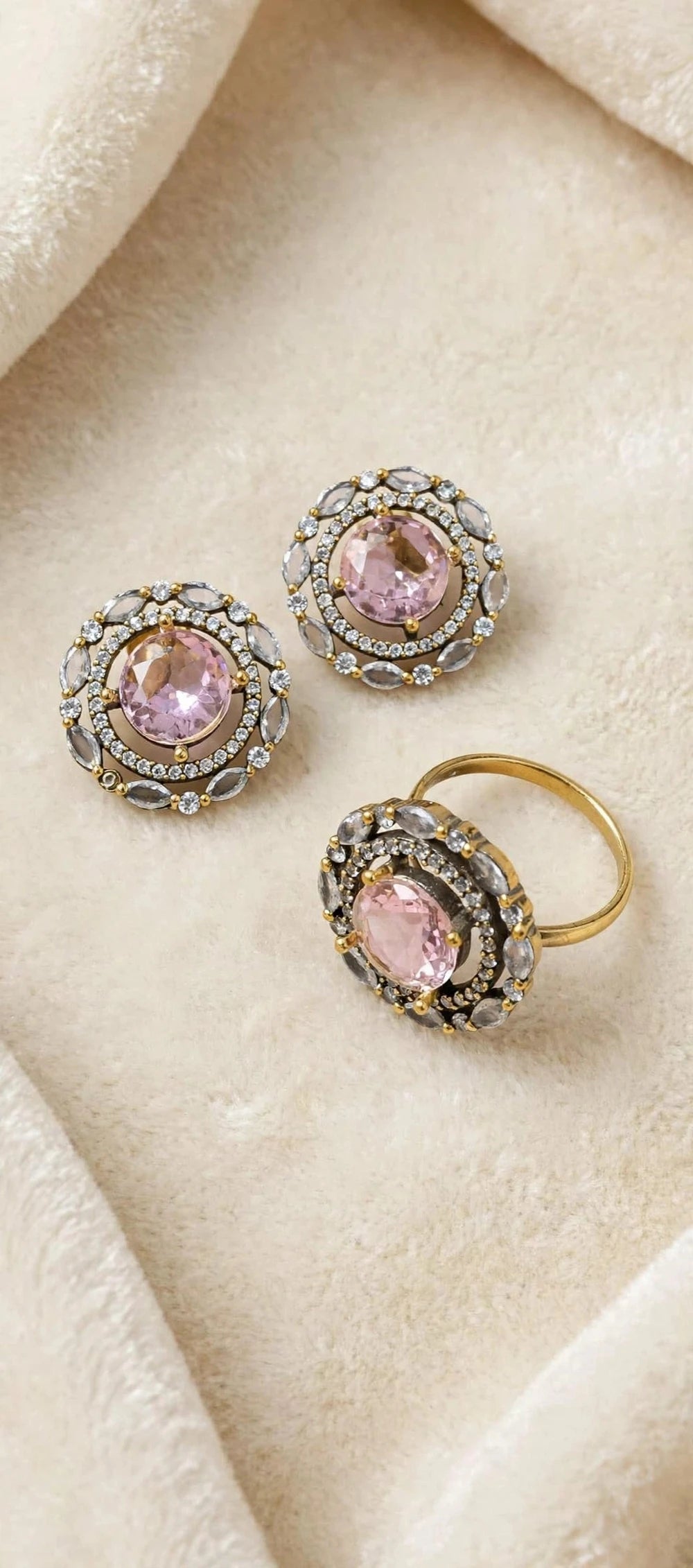 Blush Pink Crystal halo stud earring & matching ring