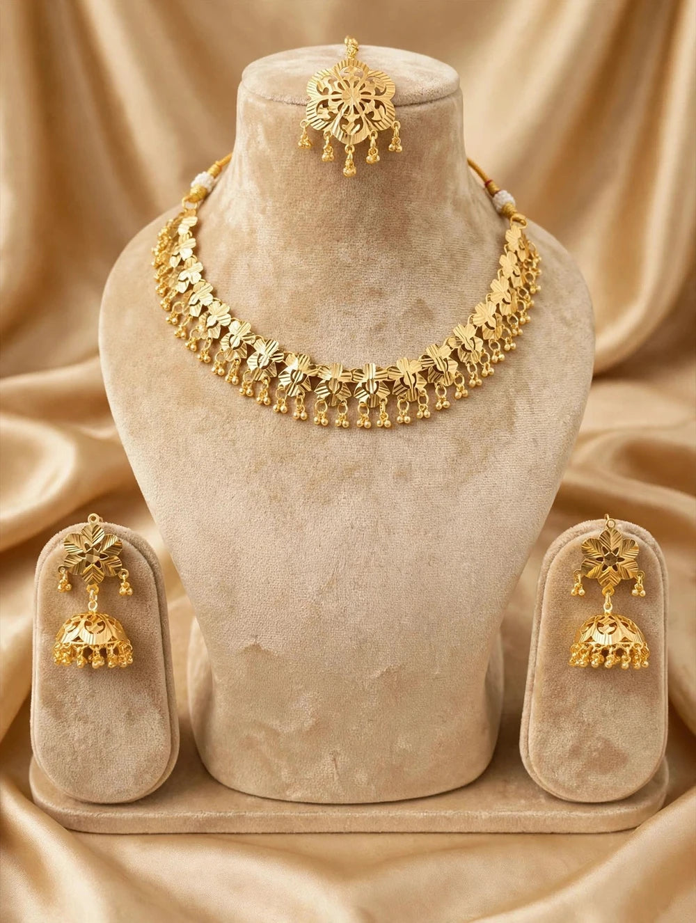 Royal Gold Floral Necklace Set with Jhumka Earring & Tikka