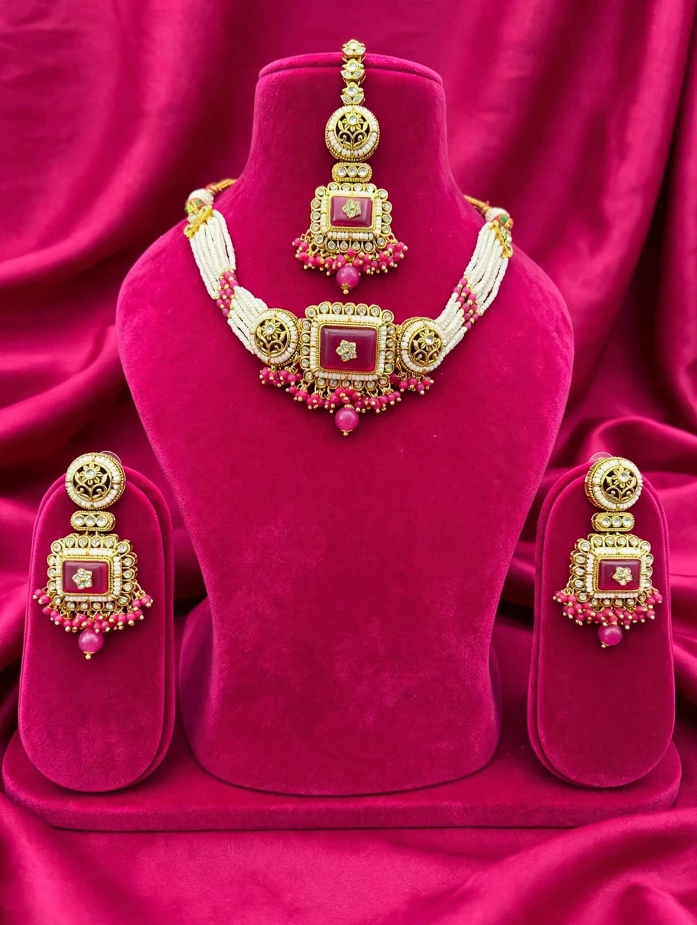 Royal Pink Kundan Pearl Necklace with Earrings & Tikka