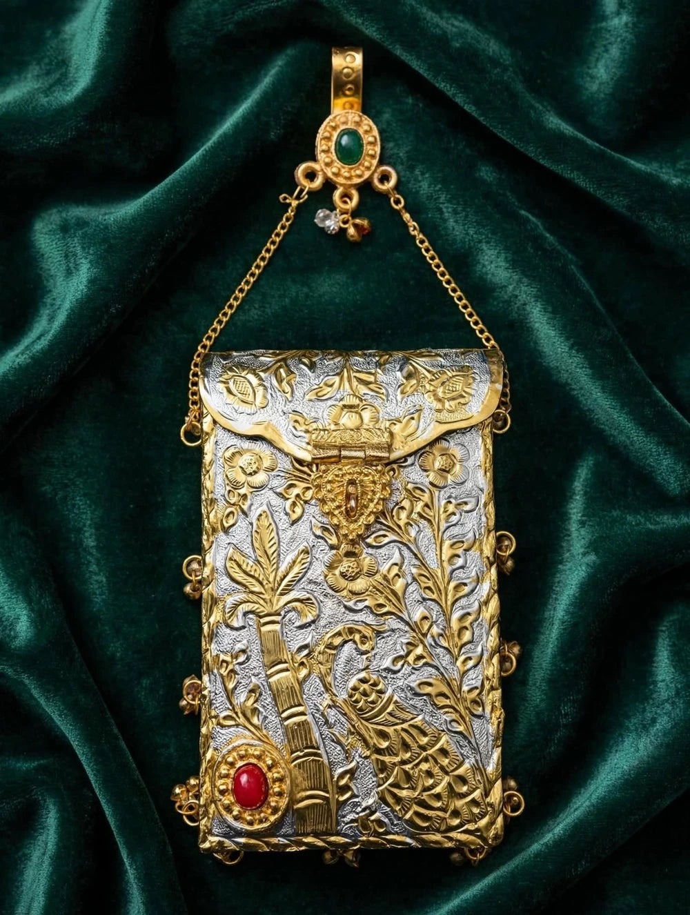 Antique Gold & Silver Peacock Palm Metal Clutch Purse