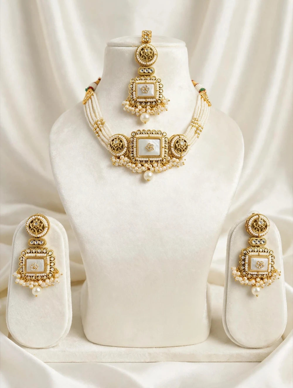 Ivory Kundan Pearl Necklace With Earrings & Tikka
